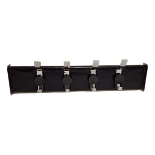 Vintage Wall Coat Rack with Strip in Black Faux Leather, Chrome-Plated Coat Hooks and Black Plastic Buttons, 1970s For Sale