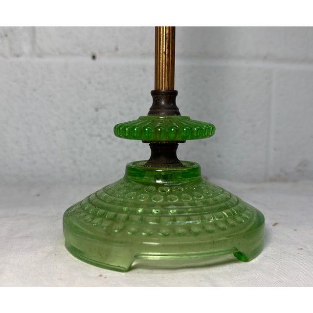 Art Deco Antique Brass Green Blacklight Glowing Vaseline Glass Electric Table Lamp For Sale - Image 3 of 11