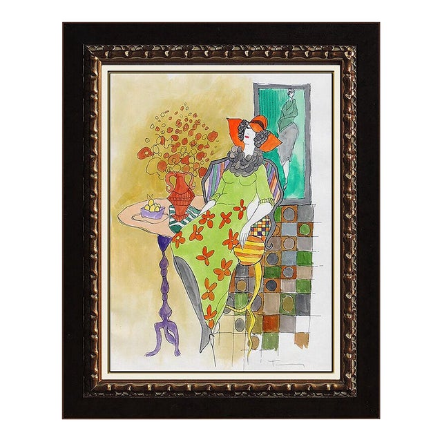 Late 20th Century Lady With Vase In Green, Itzchak Tarkay For Sale
