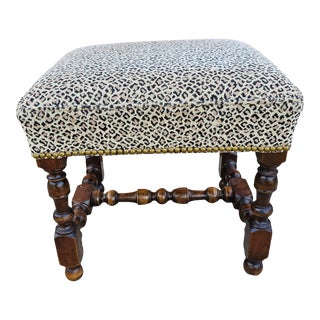Jacobean Style Turned Walnut and Leopard Theme Upholstered Footstool For Sale