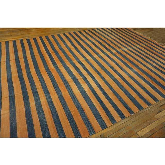 1920s Apricot Blue Stripe Antique Indian Cotton Dhurrie Carpet 9'7" X 15'3" Flatweave Wool Rug For Sale - Image 4 of 12