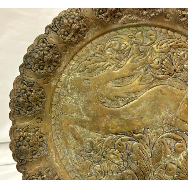 Vintage Embossed Brass Charger Plate Featuring Leaping Hare Surrounded by Flowers For Sale - Image 9 of 13