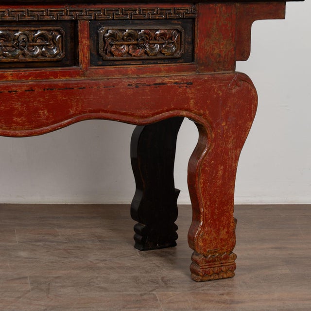 19th Century Chinese Red Altar Console Table With Carved Drawers For Sale - Image 16 of 18