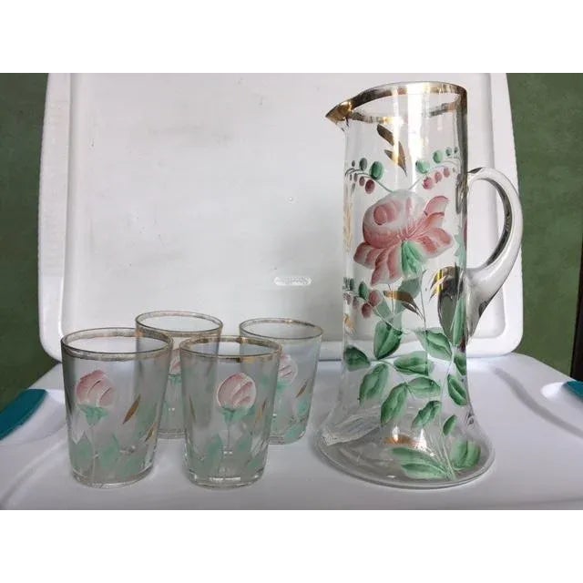 Antique Northwood Handblown Hand-Painted Pitcher & 4 Glasses For Sale - Image 13 of 13