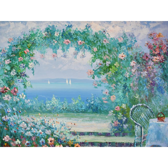 Shabby Chic Mid 20th Century Framed Oil Painting Impressionist Courtyard Scenic Garden With Seaside View For Sale - Image 3 of 8