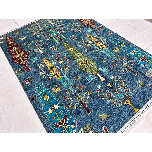 Islamic Blue Afghan Pictorial Tree of Life Hand-Knotted Wool Rug - 7'10" X 5'9" For Sale - Image 3 of 11