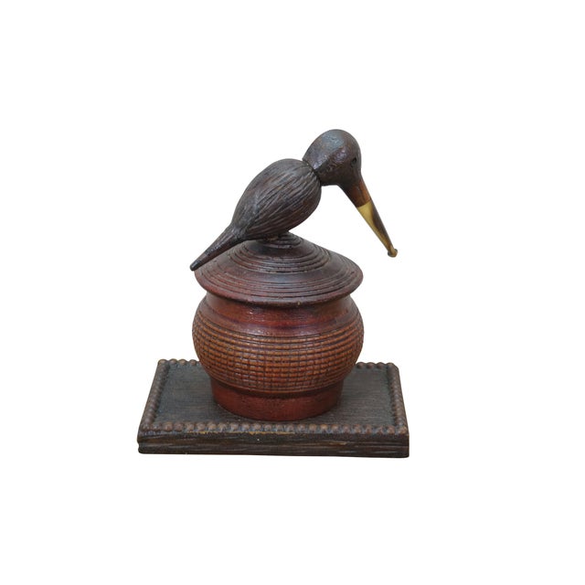 Antique Danish folk art lidded tea / tobacco box featuring a bird pipe used for the head and beak. Dimensions: 7.25" x...