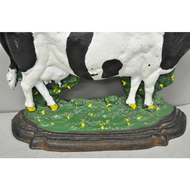 Early 20th Century Antique Black and White Dairy Cow Cast Iron Painted Large Figural Door Stop For Sale - Image 5 of 9