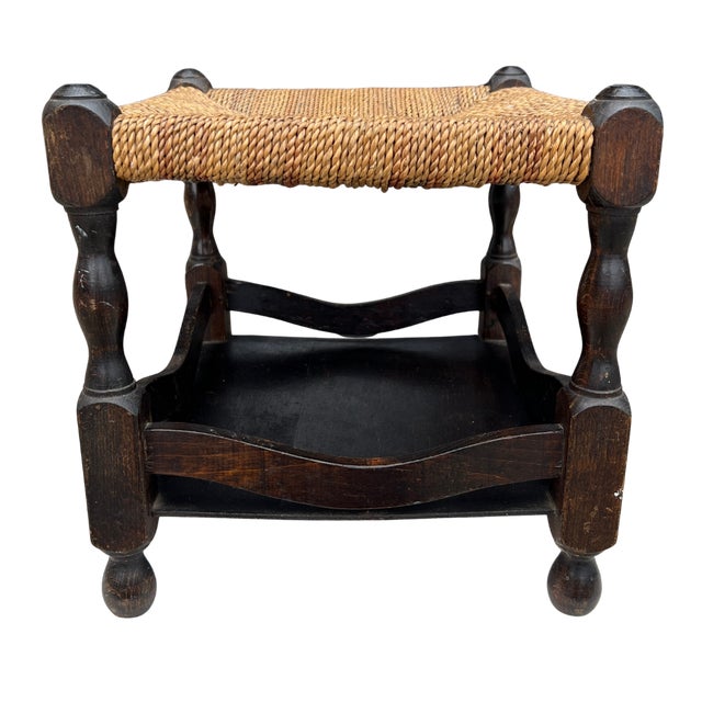 1940s English Country Oak and Rush Footstool For Sale - Image 4 of 9