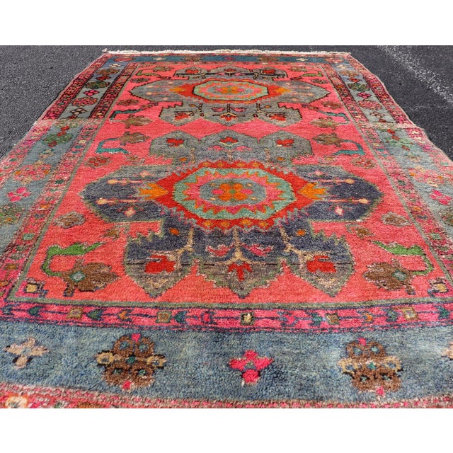 Vintage Caucasian Kazak Rug With Twin Medallions and Blue Border 3'9 X 6'1 For Sale - Image 9 of 12