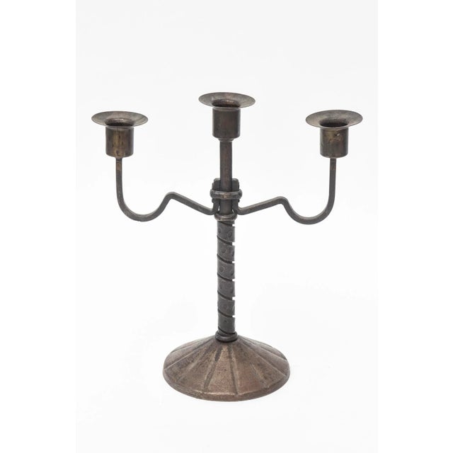 Vintage Arts and Crafts Bronze 3 Arm Candlestick Austrian Signed For Sale - Image 11 of 11