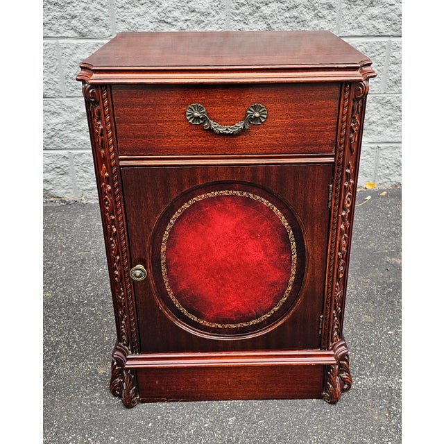 A Rare Pair of Hollywood Regency Style Mahogany and Stenciled Tooled Leather front Inset with carved corners side...