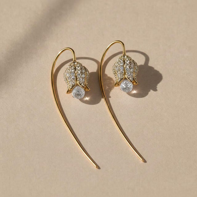 Modern Silver, Gold Lily Flower Earrings With Rock Crystal Briolettes, Pair For Sale - Image 3 of 8
