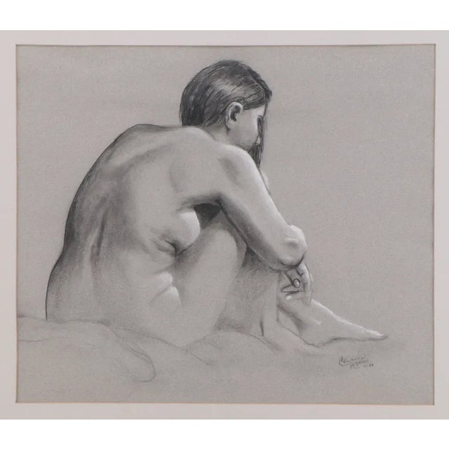 Vintage original charcoal drawing of a seated female nude signed lower right by Clarice Ryan dated 1987. On quality art...