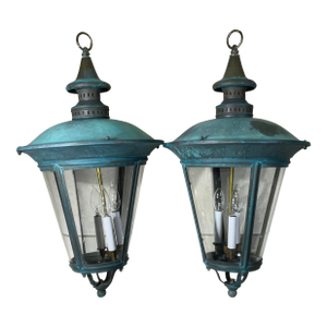 Timeless Elegance: Pair of Antique Verdigris Brass Hanging Lanterns-26”h X 15”w