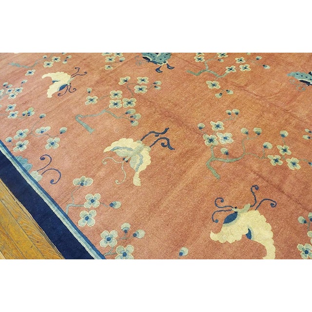 Late 19th Century 1890s Pink-Cerise Roses Antique Chinese Peking Rug 9'3" X 11'9" Handknotted Wool Carpet For Sale - Image 5 of 7