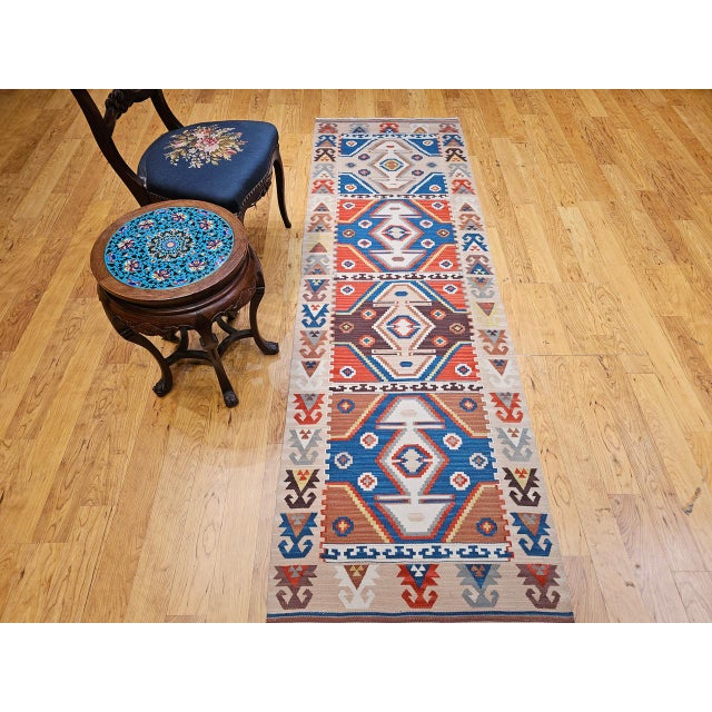 Beige Vintage Turkish Tribal Kilim Runner, Handwoven Wool, Geometric Caucasian Pattern, Blue & Red, 3x8 For Sale - Image 8 of 17
