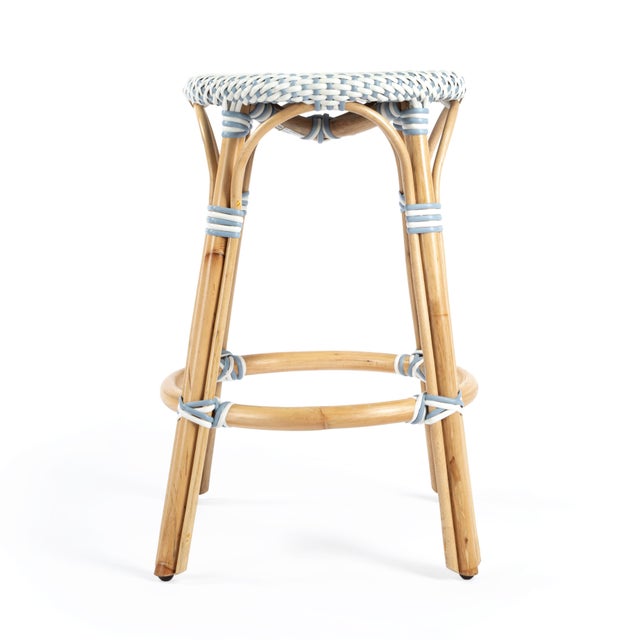 2020s Tobias 24 in. Seat Height Round Rattan Backless Counter Stool, White/Sky Blue Dot / Natural Rattan Frame For Sale - Image 5 of 9