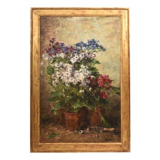 Hubert Bellis, Still Life with Vase of Cornflowers and Daisies, 19th Century, Oil on Canvas For Sale