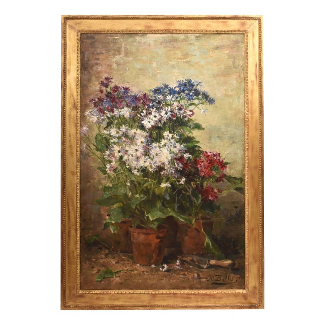 Hubert Bellis, Still Life with Vase of Cornflowers and Daisies, 19th Century, Oil on Canvas For Sale