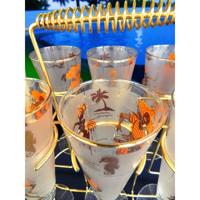 Mid-Century Modern Eight 1960's MCM Tropical Theme Beer Glasses W/ Carrier For Sale - Image 3 of 6