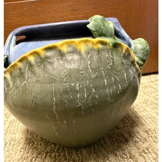 Ephraim Faience 2006 Hand Made Art Pottery Green Turtle Blue Ceramic Vase For Sale - Image 11 of 15