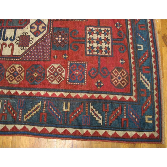 Late 19th Century 1880s Red Geometric Antique Caucasian Kazak Karachopf Rug 6'2" X 7'3" Knotted Pile Wool Carpet For Sale - Image 5 of 5