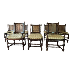Early 20th Century Antique Oak Barley Twist Cane Back Dining Chairs. Set of 8