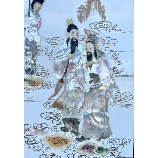 1960s Chinese Export Mother of Pearl & Stone Four Panels Folding Screen From 60's For Sale - Image 5 of 12