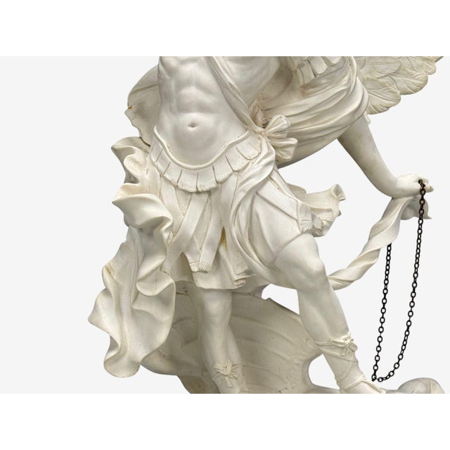 Alabaster Statue of Saint Michael the Archangel, Composite, Marble Base, Italy, 20th C. For Sale - Image 8 of 15
