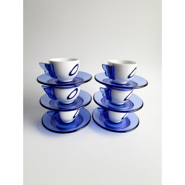 Blue Vintage Guzzini Espresso Cups and Saucers – Set of 6 – Blue & White – New in Box – Italian Modern Design For Sale - Image 8 of 12