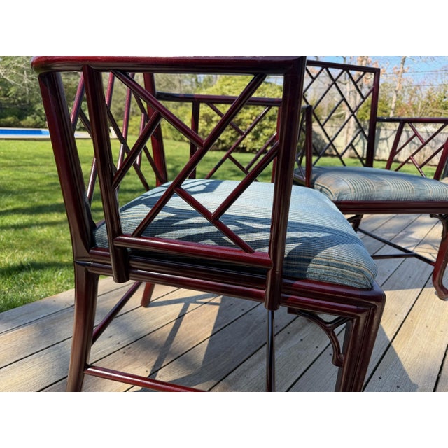 Air of Baker Chinoiserie Lacquered Lounge Chairs With Geometric Lattice Backs & Upholstered Seats For Sale In New York - Image 6 of 18