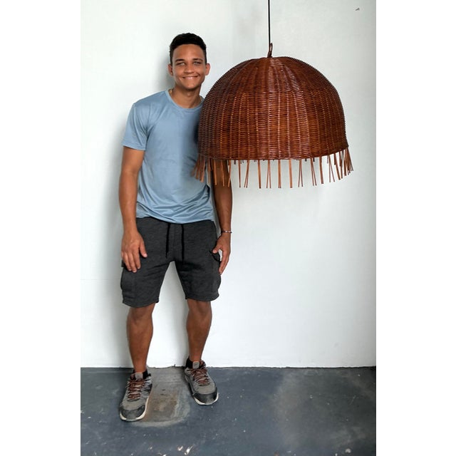 Wood Vintage Woven Rattan Dime Chandelier For Sale - Image 7 of 12