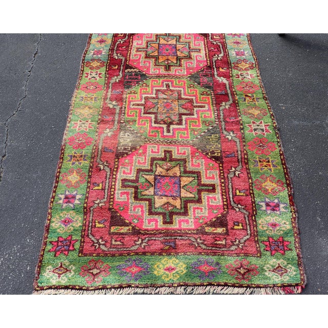 Vintage Caucasian Kazak Rug With Triple Medallions in Pink and Green 3'10 X 7'0 For Sale In Atlanta - Image 6 of 12