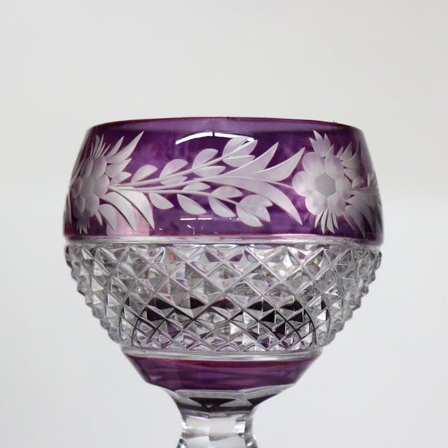 Antique Bohemian Amethyst Floral Cut to Clear Crystal Stemmed Wine Goblets - Set of 3 For Sale - Image 4 of 11