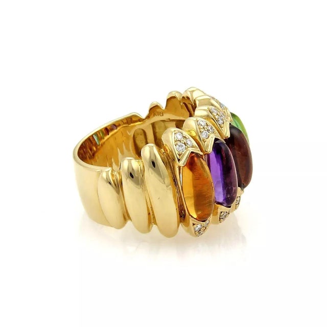 Contemporary Diamond & Multicolor Gems 18k Yellow Gold Large Band Ring - Size 7 For Sale - Image 3 of 5