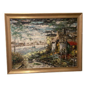 Vintage Oil Painting on Canvas Harbor Scene “ De Vecht Holland “ Signed Framed