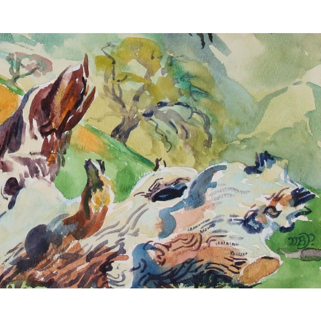 Entitled "Towards Greenfield" this 1970's landscape watercolor on paper is by Mary Barnas Pomeroy (1921-2010), a German-...