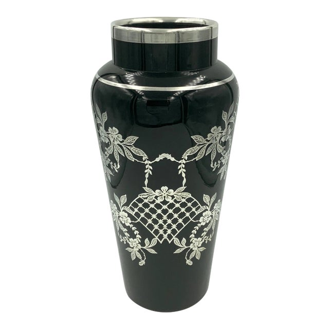 Lattice Flower Floral Sterling Silver Overlay Black Amethyst Glass Vase For Sale