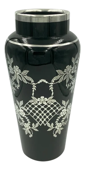 Lattice Flower Floral Sterling Silver Overlay Black Amethyst Glass Vase