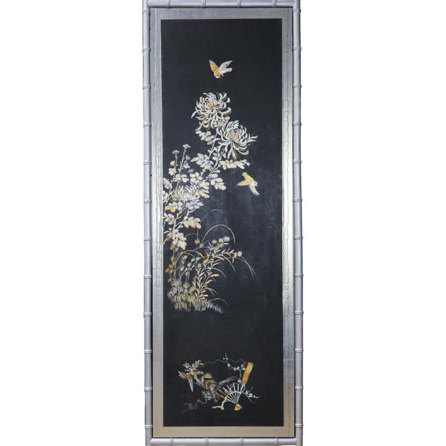 Late 20th Century Vintage Chinoiserie Four-Panel Folding Screen – Hand-Painted Floral Motif With Silver Faux Bamboo Frame For Sale - Image 5 of 15