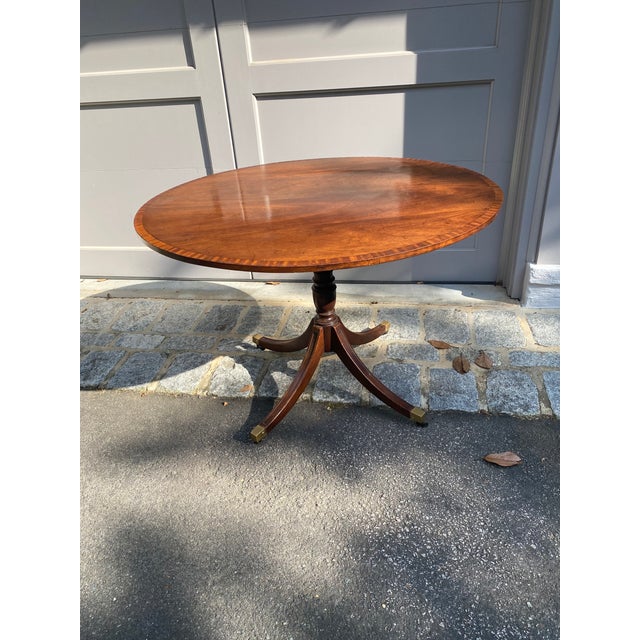 Late 19th Century English Regency Style Mahogany Oval Pedestal Dining Table With Banded Top For Sale - Image 11 of 11