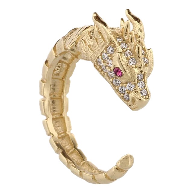 Ruby Eyed Guardian Gold Dragon Design Ring, Size 8 For Sale