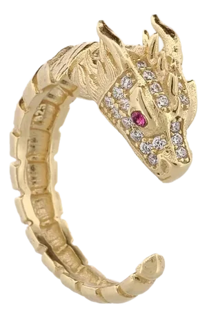 Ruby Eyed Guardian Gold Dragon Design Ring, Size 8