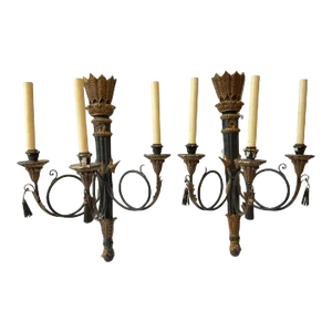 1950s Italian Hand Carved Wood Classical Arrow Sconces - A Pair