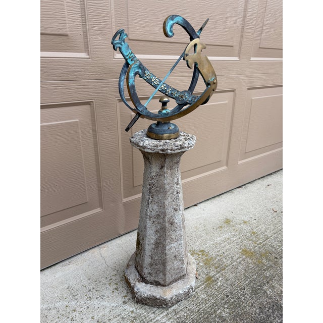 Classical Verdigris Bronze Armillary Sphere on Pedestal – European Garden Accent For Sale In South Bend - Image 6 of 12