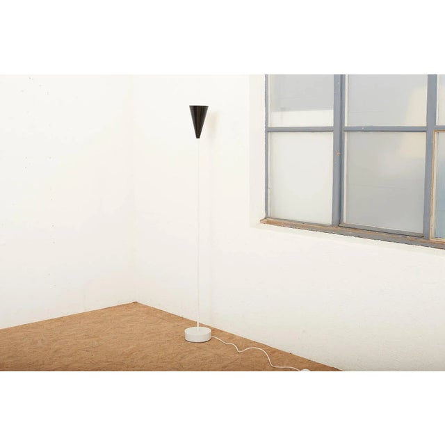 White Painted Steel Tube Floor Lamp with White Marble Base and Black Sheet Metal Shade For Sale - Image 11 of 12