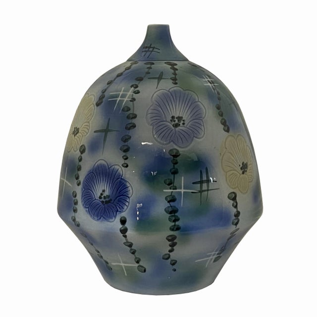 Asian Artistic Flower Blue Green Porcelain Fat Round Body Small Mouth Vase For Sale - Image 3 of 6