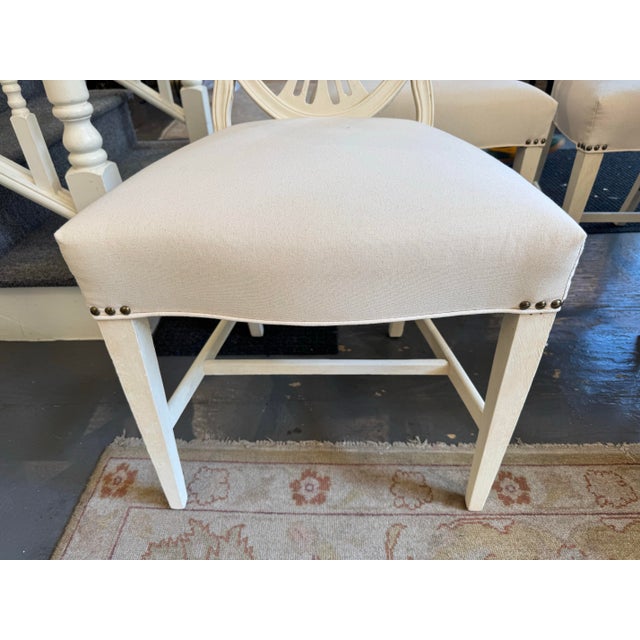 Linen 19th Century Antique Mahogany Hepplewhite Style Shieldback Chairs Painted French Linen White For Sale - Image 8 of 10
