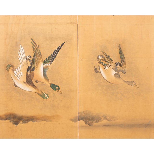 Wood Japanese Meiji Four Panel Screen Ducks and Geese in Flight For Sale - Image 7 of 18